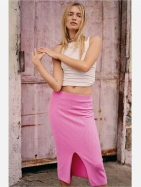 Free People Skyline Pink Ribbed Midi Pencil Skirt with Front Slit